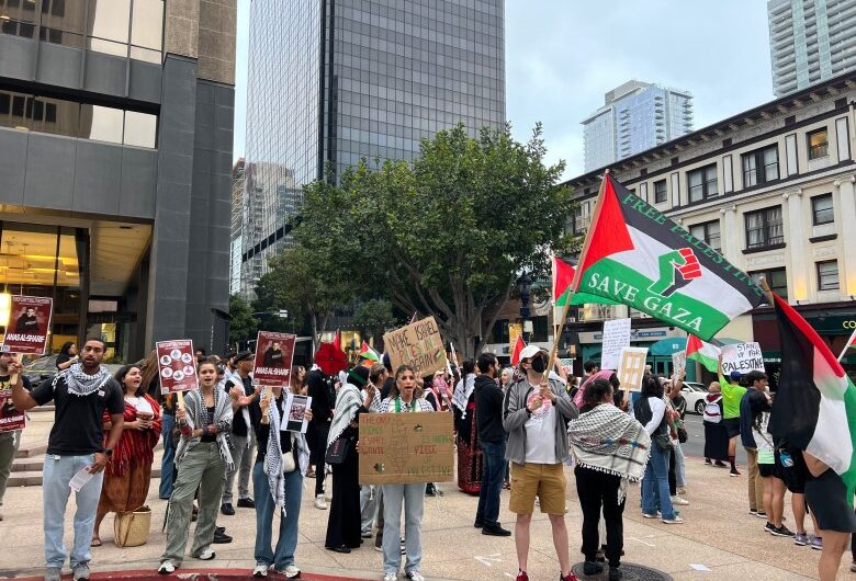 Protest at former U-T office seeks condemnation of journalist killings in Gaza